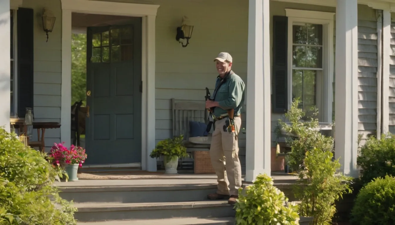 A friendly pest control provider talking with a homeowner at the front door of a home in Newburyport