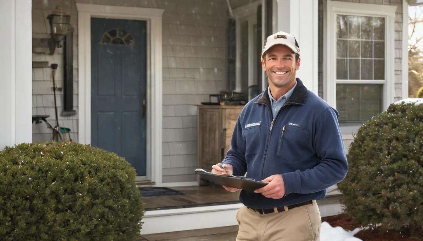 A friendly pest control provider talking with a homeowner at the front door of a house in Newburyport